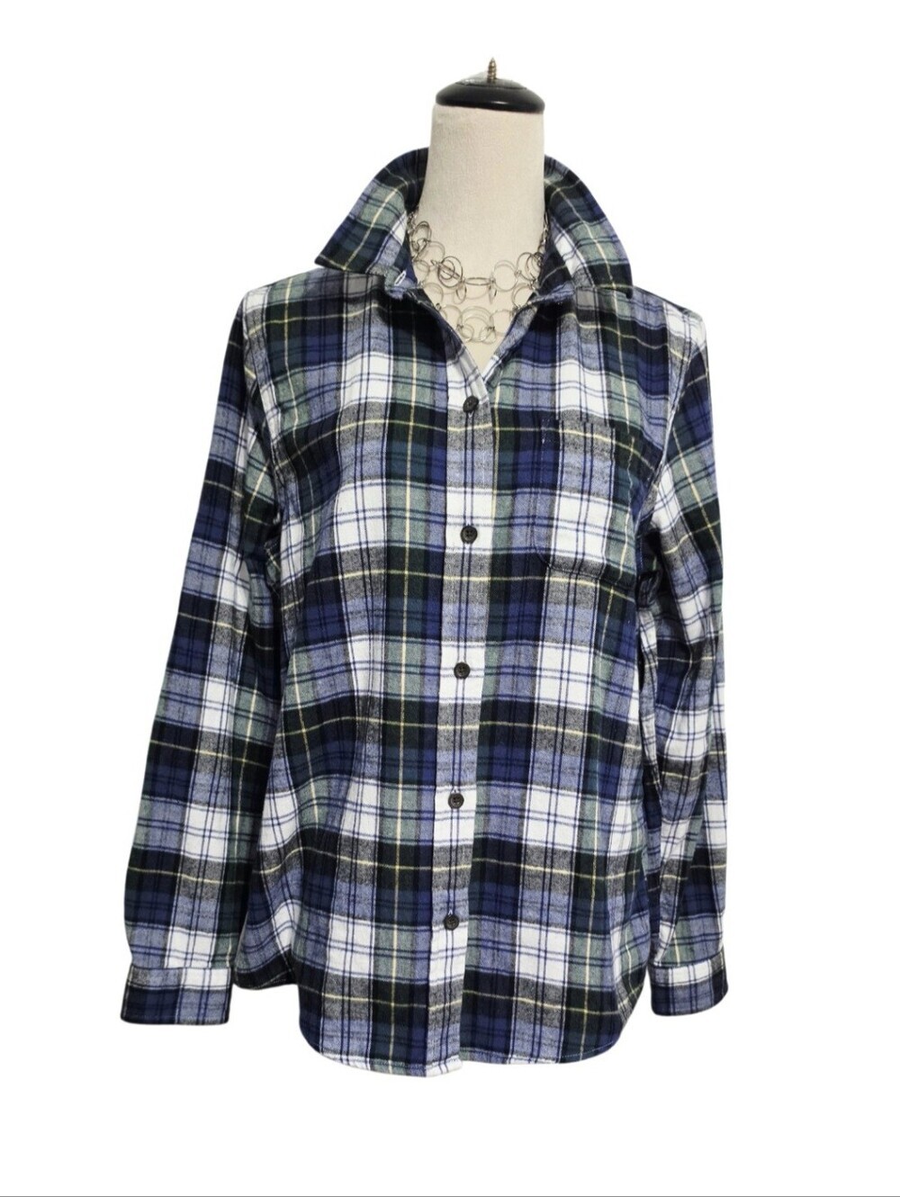 L.L.Bean Women M Tartan Plaid Flannel Shirt Relaxed Fit 100% Cotton Blue Green - Picture 3 of 13
